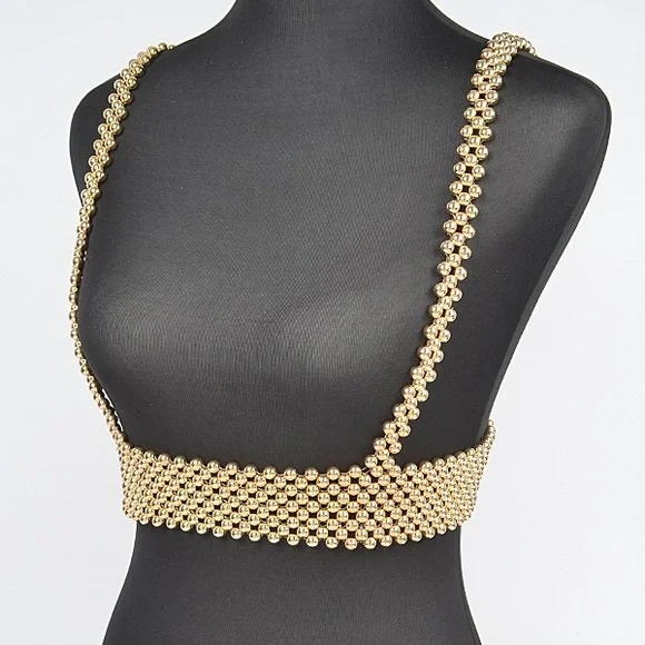 Gold Metallic Body Chain Harness Suspenders Statement Belt
